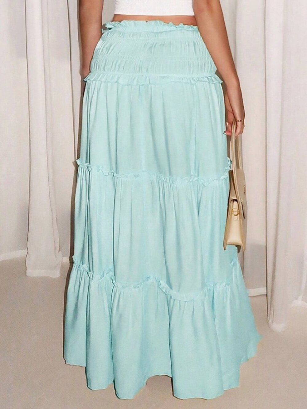 Baby Blue Elegant Women's Pleated Mixed-Fabric Ruffle Hem Casual Vacation Skirt - Picture 2 of 8